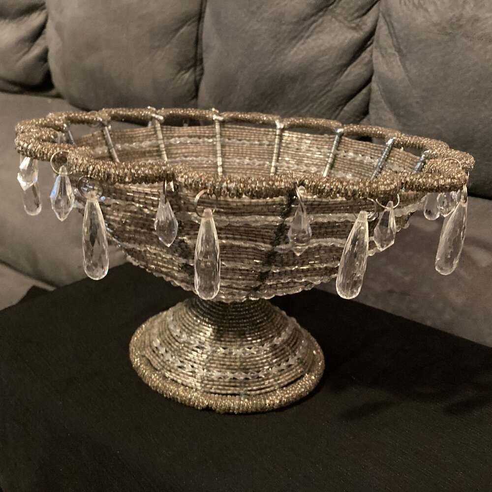 Beaded Ruffled Basket Dish Bowl w/ Golden Seed Beads & Crystals-Hand Crafted-EUC